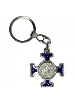 Face avant porte-clés croix émaillée bleu avec médaille de Saint Benoît