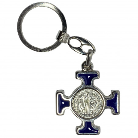 Face avant porte-clés croix émaillée bleu avec médaille de Saint Benoît