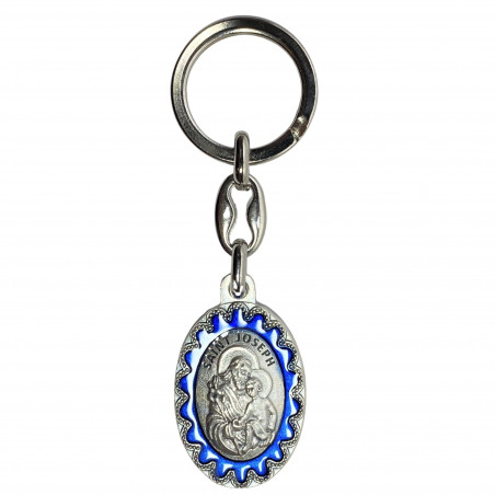 Face avant porte-clés ovale Saint Joseph métal argenté émaillé bleu H.3,8cm