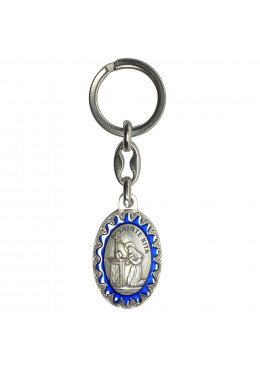 Face avant porte-clés ovale Sainte Rita métal argenté émaillé bleu H.3,8cm