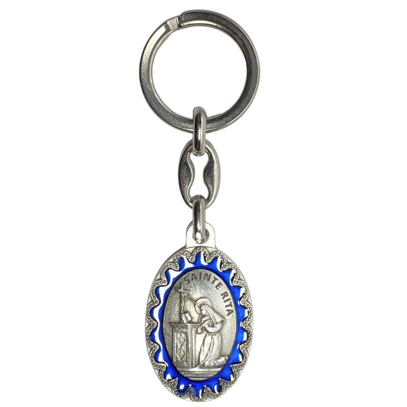 Face avant porte-clés ovale Sainte Rita métal argenté émaillé bleu H.3,8cm