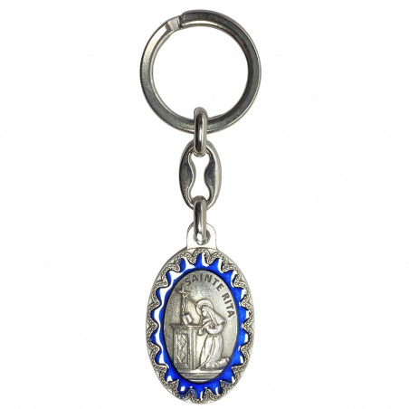 Face avant porte-clés ovale Sainte Rita métal argenté émaillé bleu H.3,8cm
