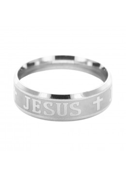 Bague large, inscription, JESUS en acier inoxydable argenté