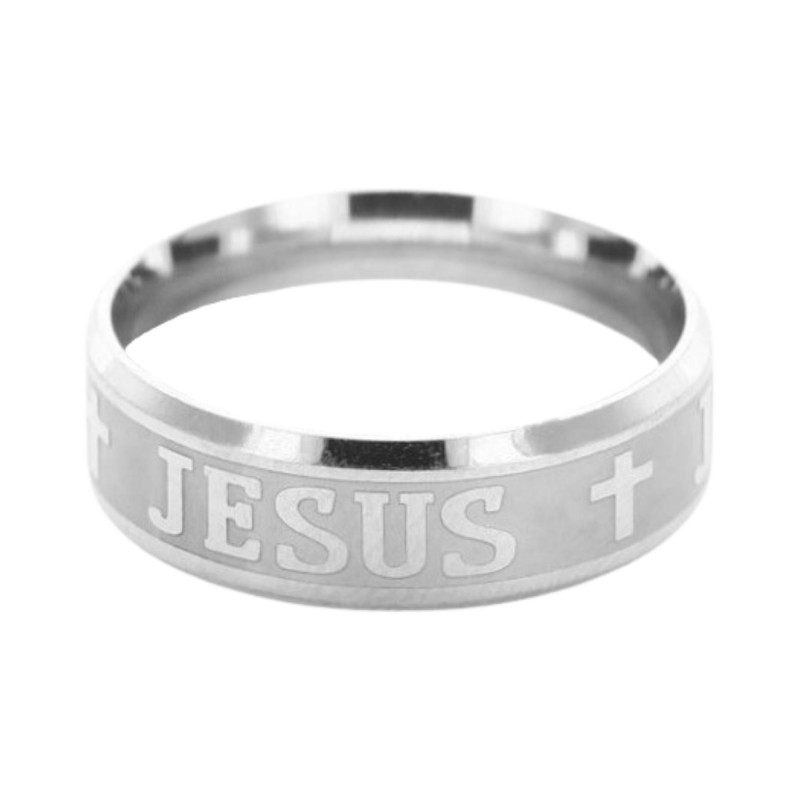 Bague large, inscription, JESUS en acier inoxydable argenté