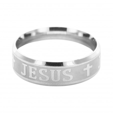 Bague large, inscription, JESUS en acier inoxydable argenté