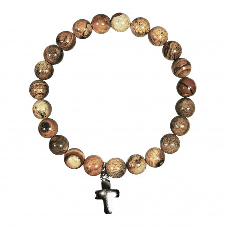 Bracelet en pierre naturelle JASPE et croix en métal argenté