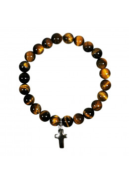 Bracelet en pierre naturelle OEIL DE TIGRE et croix en métal argenté