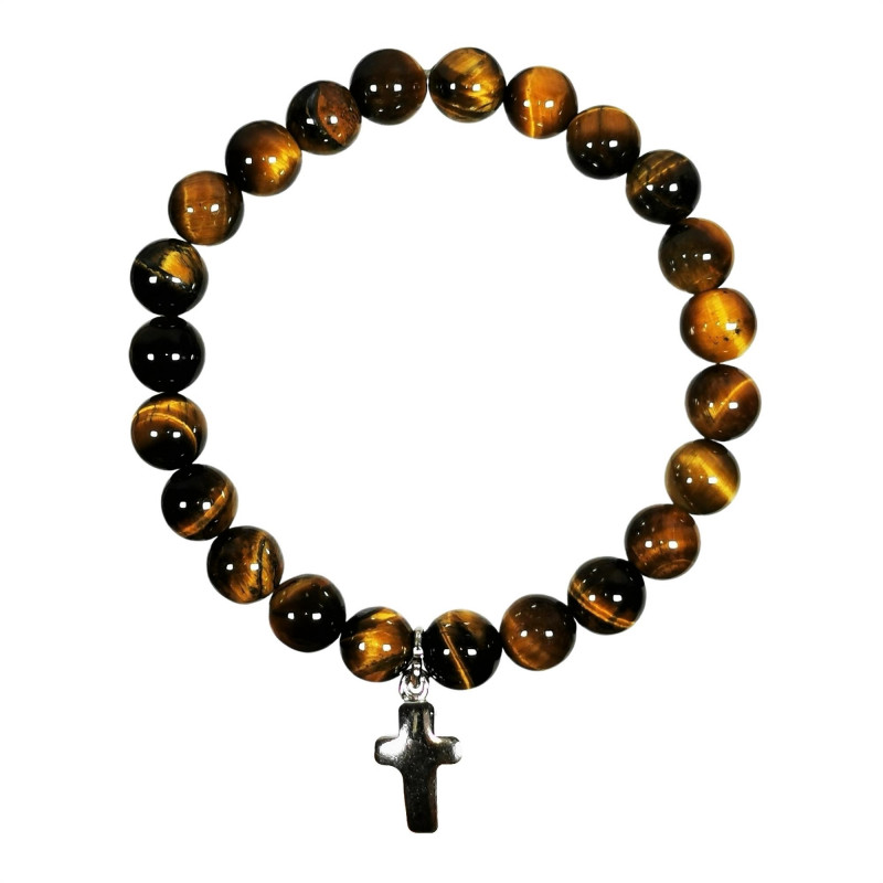 Bracelet en pierre naturelle OEIL DE TIGRE et croix en métal argenté Bracelet en pierre naturelle OEIL DE TIGRE et croix en métal argenté