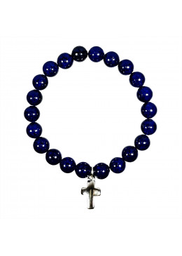 Bracelet en pierre naturelle LAPIS-LAZULI et croix en métal argenté