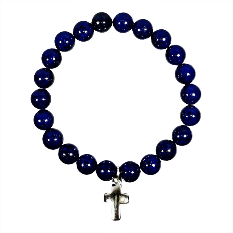 Bracelet en pierre naturelle LAPIS-LAZULI et croix en métal argenté