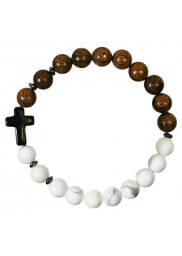 Bracelet en bois et pierre naturelle HOWLITE et croix en pierre