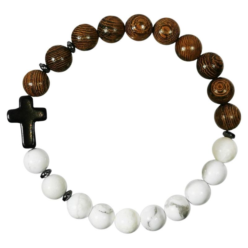 Bracelet en bois et pierre naturelle HOWLITE et croix en pierre