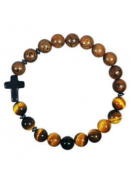 Bracelet en bois et pierre naturelle OEIL DE TIGRE et croix en pierre