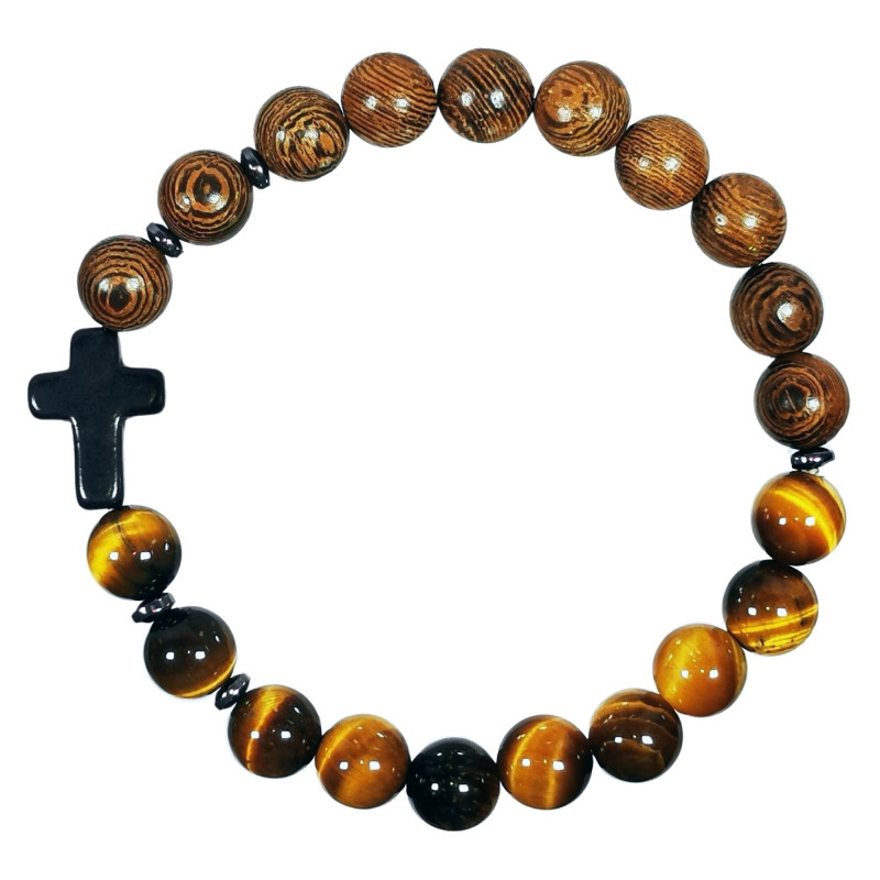 Bracelet en bois et pierre naturelle OEIL DE TIGRE et croix en pierre