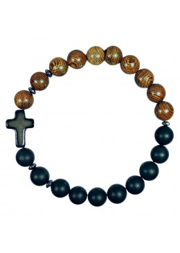 Bracelet en bois et pierre naturelle ONYX NOIR et croix en pierre