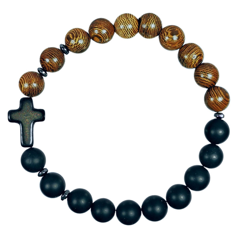 Bracelet en bois et pierre naturelle ONYX NOIR et croix en pierre