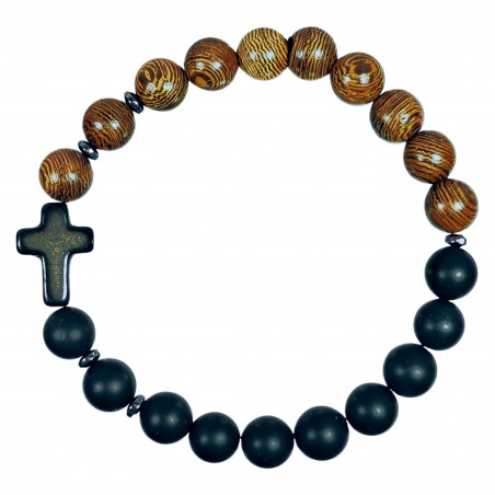 Bracelet en bois et pierre naturelle ONYX NOIR et croix en pierre