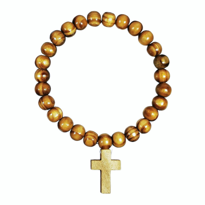 Bracelet en bois naturel verni avec croix