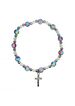 Bracelet avec grains en gomme multicolore et croix argentée