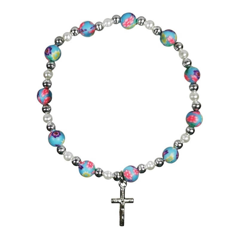 Bracelet avec grains en gomme multicolore et croix argentée