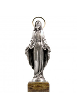 Statue en métal Vierge Miraculeuse sur socle en bois
