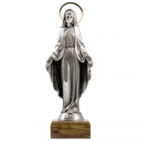 Statue en métal Vierge Miraculeuse sur socle en bois