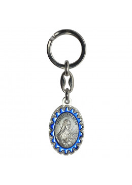 Face avant porte-clés ovale Sainte Thérèse métal argenté émaillé bleu H.3,8cm