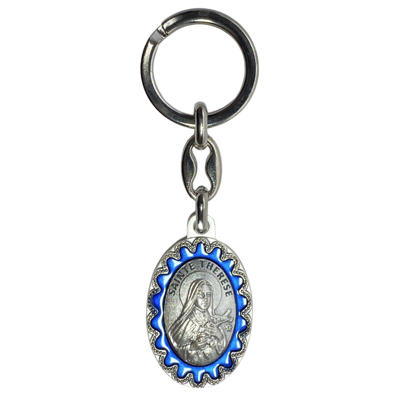 Face avant porte-clés ovale Sainte Thérèse métal argenté émaillé bleu H.3,8cm