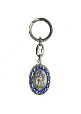 Face avant porte-clés ovale Saint Christophe métal argenté émaillé bleu H.3,8cm