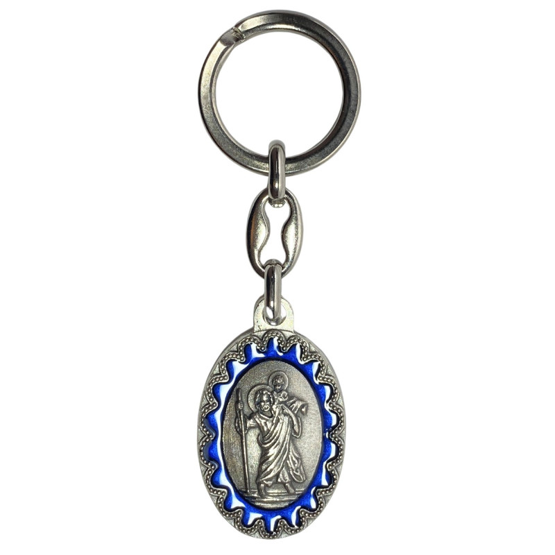 Face avant porte-clés ovale Saint Christophe métal argenté émaillé bleu H.3,8cm