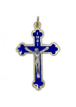 Face avant croix trilobée orthodoxe en métal doré émaillé bleu avec Christ argenté