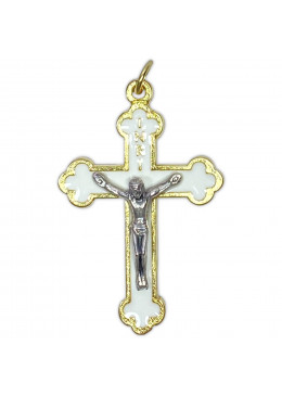 Face avant croix trilobée orthodoxe en métal doré émaillé blanc avec Christ argenté