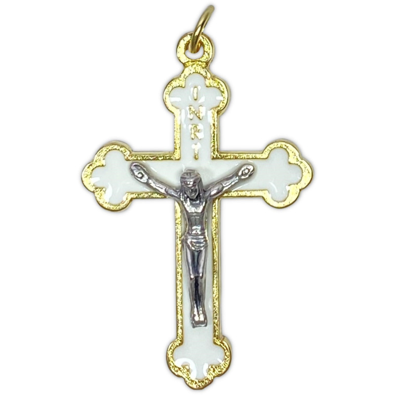 Face avant croix trilobée orthodoxe en métal doré émaillé blanc avec Christ argenté Face avant croix trilobée orthodoxe en métal doré émaillé blanc avec Christ argenté