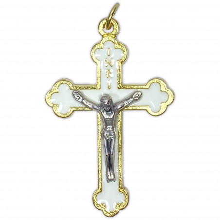 Face avant croix trilobée orthodoxe en métal doré émaillé blanc avec Christ argenté