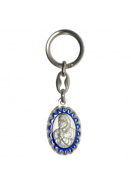 Face avant porte-clés ovale Mère Térésa métal argenté émaillé bleu H.3,8cm