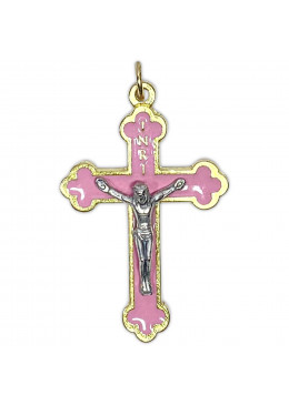 Face avant croix trilobée orthodoxe en métal doré émaillé rose avec Christ argenté