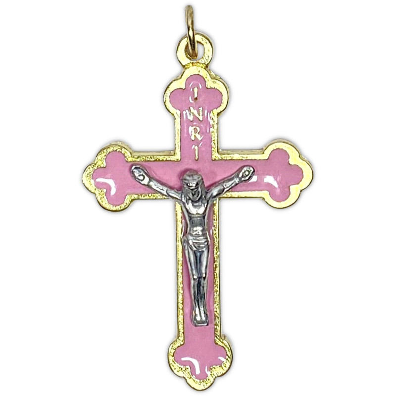 Face avant croix trilobée orthodoxe en métal doré émaillé rose avec Christ argenté Face avant croix trilobée orthodoxe en métal doré émaillé rose avec Christ argenté
