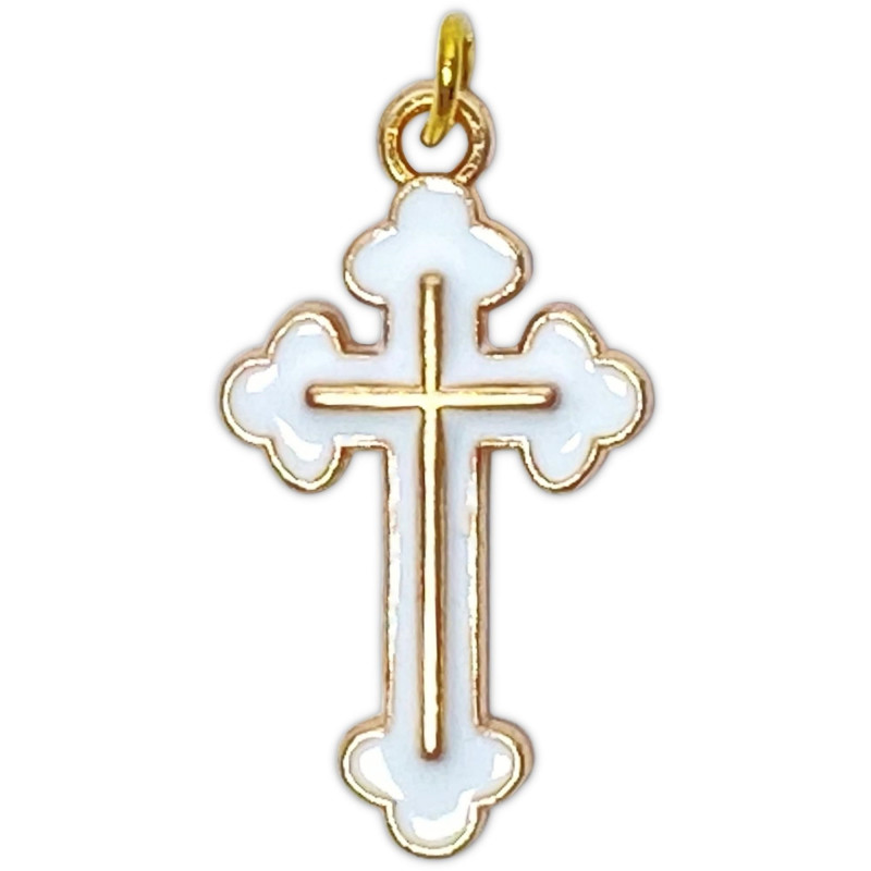 Face avant croix trilobée orthodoxe en métal doré émaillé blanc avec croix interne en relief