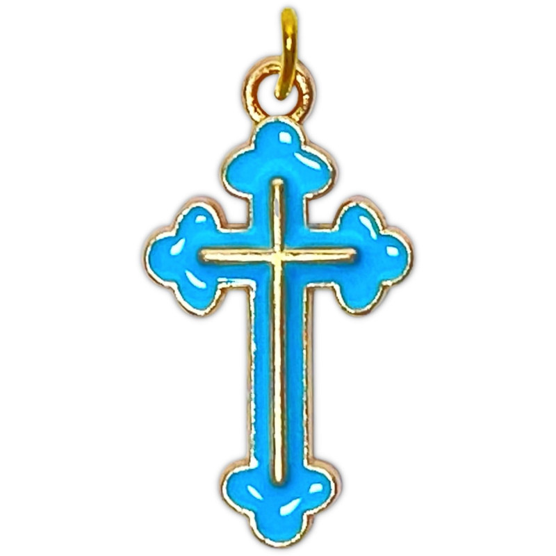 Face avant croix trilobée orthodoxe en métal doré émaillé turquoise avec croix interne en relief