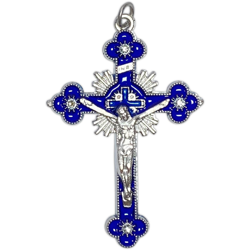 Face avant croix trilobée orthodoxe en métal argenté émaillé bleu avec Christ rayonnant