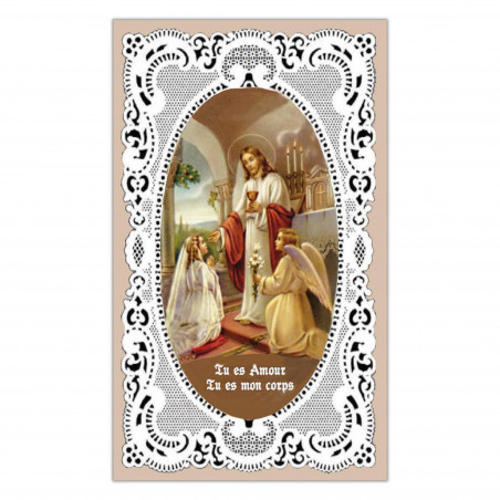 Recto carte de prière pour premières communiantes décor type dentelle