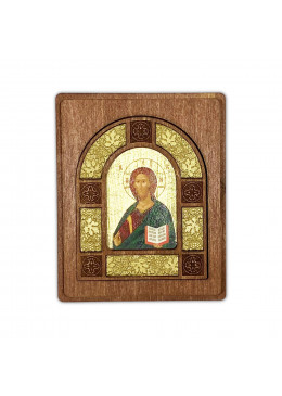 Boîte artisanale en bois sculpté doré avec icône à la feuille d'or - Christ Pantocrator