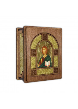 Boîte artisanale en bois sculpté doré avec icône à la feuille d'or - Christ Pantocrator