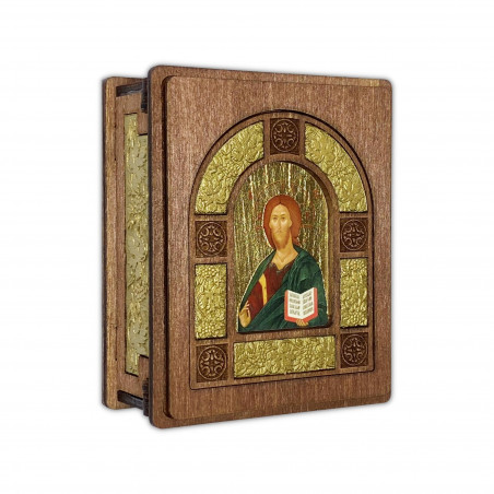 Boîte artisanale en bois sculpté doré avec icône à la feuille d'or - Christ Pantocrator