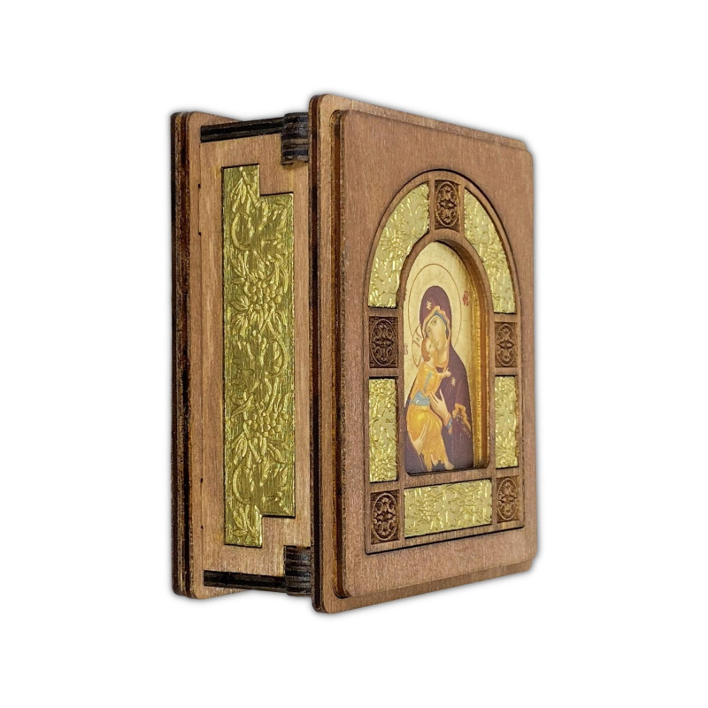 Boîte artisanale en bois sculpté doré avec icône à la feuille d'or - Vierge de Vladimir