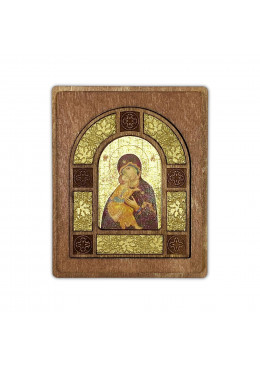 Boîte artisanale en bois sculpté doré avec icône à la feuille d'or - Vierge de Vladimir