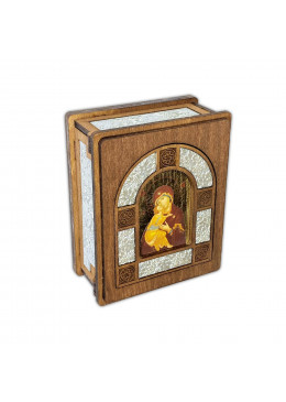 Boîte artisanale en bois sculpté argenté avec icône à la feuille d'or - Vierge de Vladimir