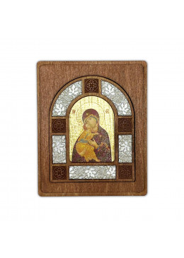 Boîte artisanale en bois sculpté argenté avec icône à la feuille d'or - Vierge de Vladimir