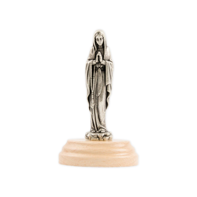 Statue en métal H.6,7cm Notre Dame de Lourdes sur socle en bois massif de hêtre