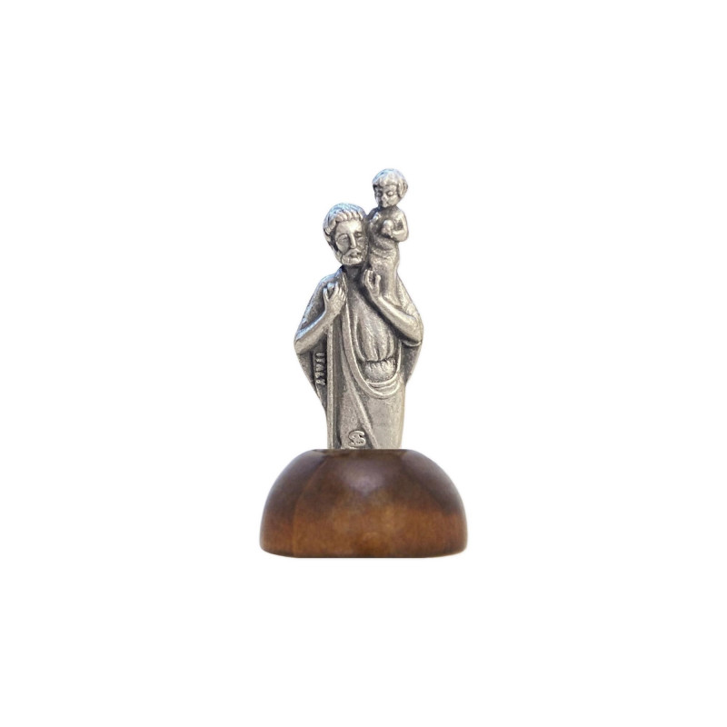 Mini statue en métal H.3,5cm Saint Christophe sur socle en bois massif de noyer